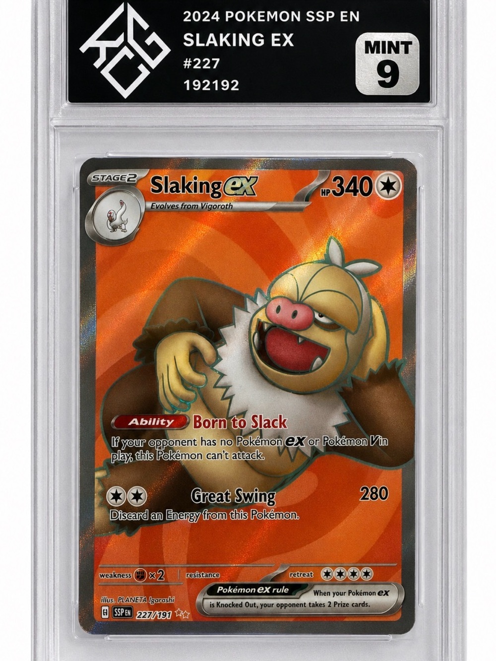 2024 Pokémon SSP Slaking ex #227/191 KCG Mint 9 Graded Holo Scarlet & Violet